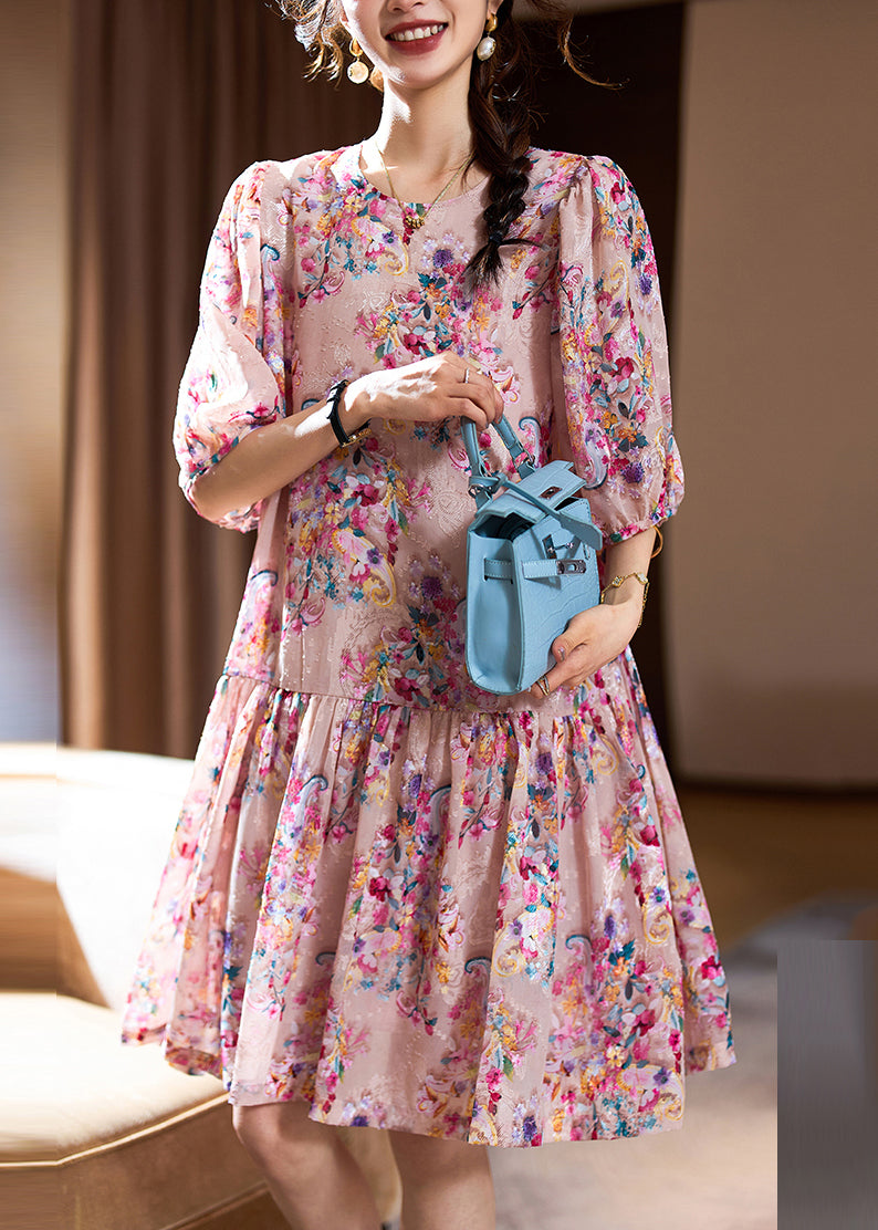 Pink O-neck Print Patchwork Mid Dresses Summer