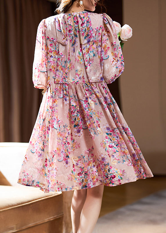 Pink O-neck Print Patchwork Mid Dresses Summer
