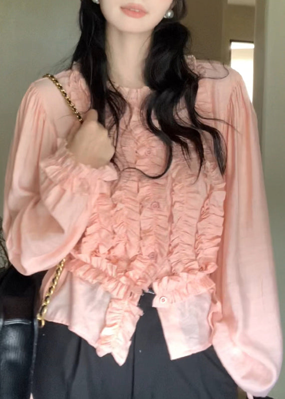 Pink O-neck Ruffled Chiffon Top Lantern Sleeve