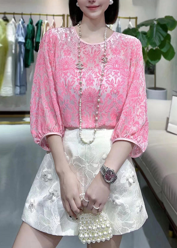 Pink O-neck Silk Velour Patchwork Chiffon T Shirt Fall