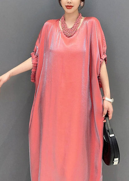 Pink O-neck Silk Long Dress Short Sleeve
