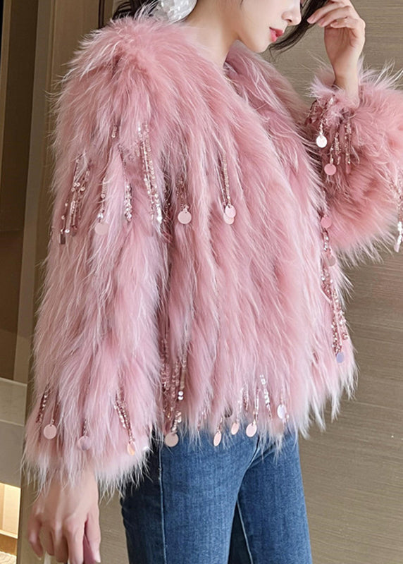 Pink O-neck Tassel Leather and Fur Coats Spring