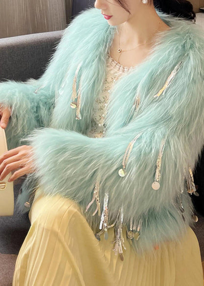 Pink O-neck Tassel Leather and Fur Coats Spring