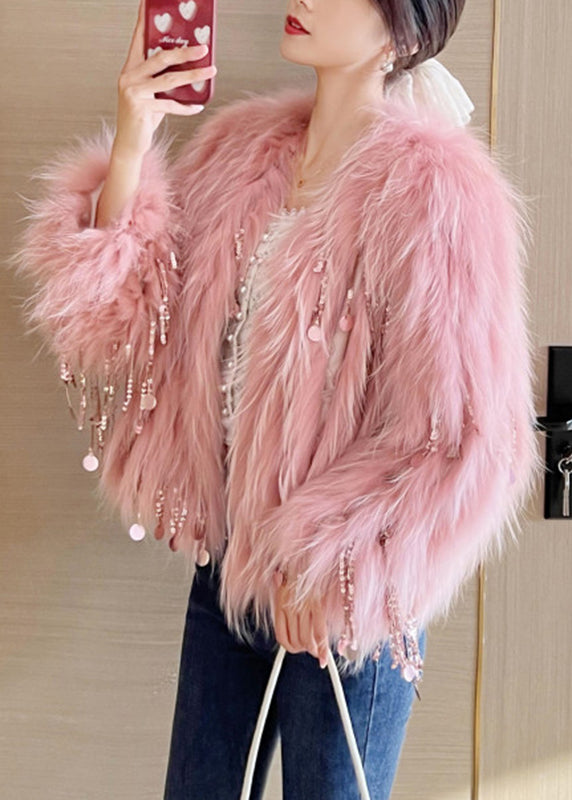 Pink O-neck Tassel Leather and Fur Coats Spring