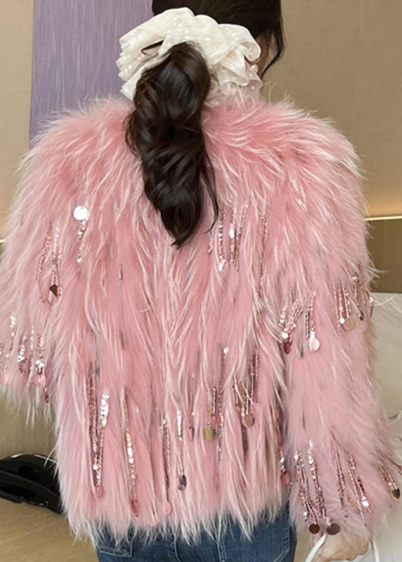 Pink O-neck Tassel Leather and Fur Coats Spring