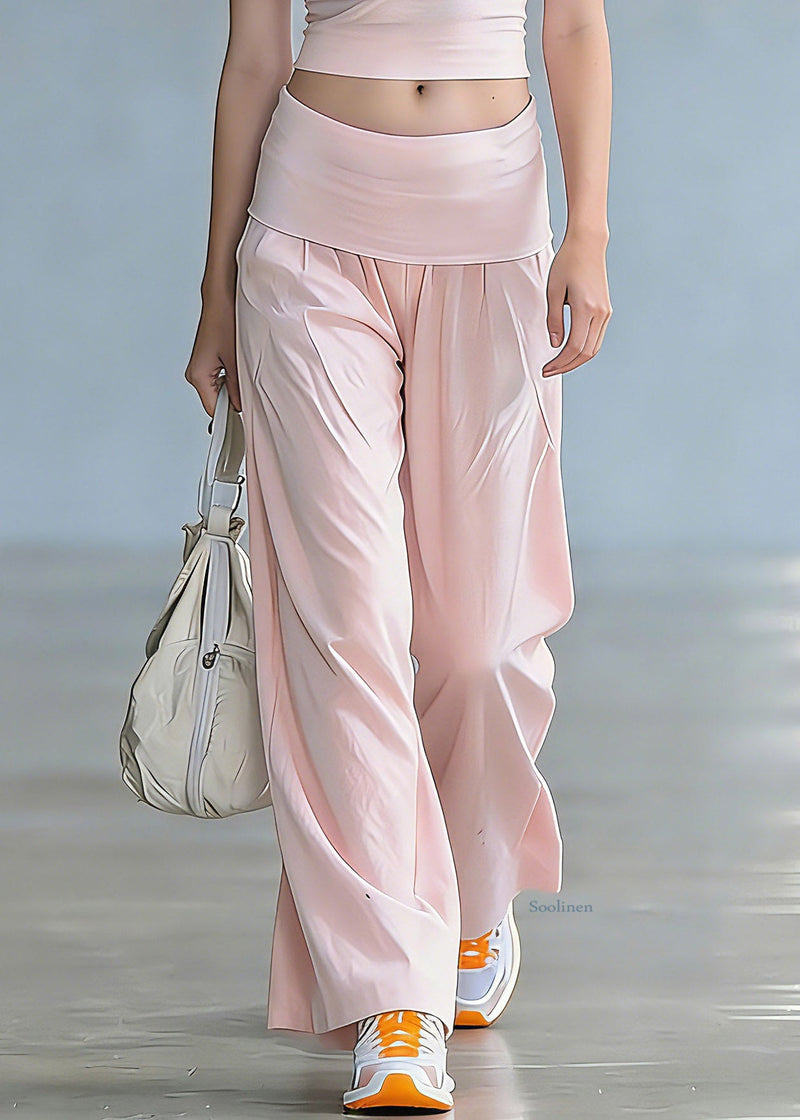 Pink O-neck Top and Wide Leg Pants Short Sleeve