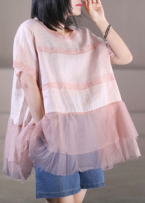 Pink O-neck Tulle Patchwork Cotton Linen Loose Tank Tops Short Sleeve