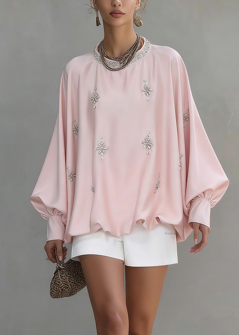Pink O-neck Zircon Silk Shirt Spring
