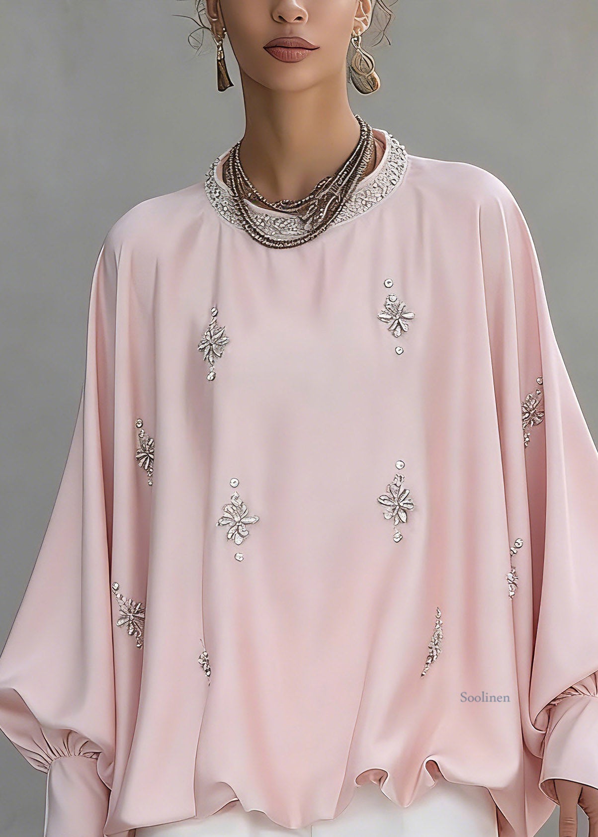 Cute Pink O-Neck Zircon Silk Shirt Spring