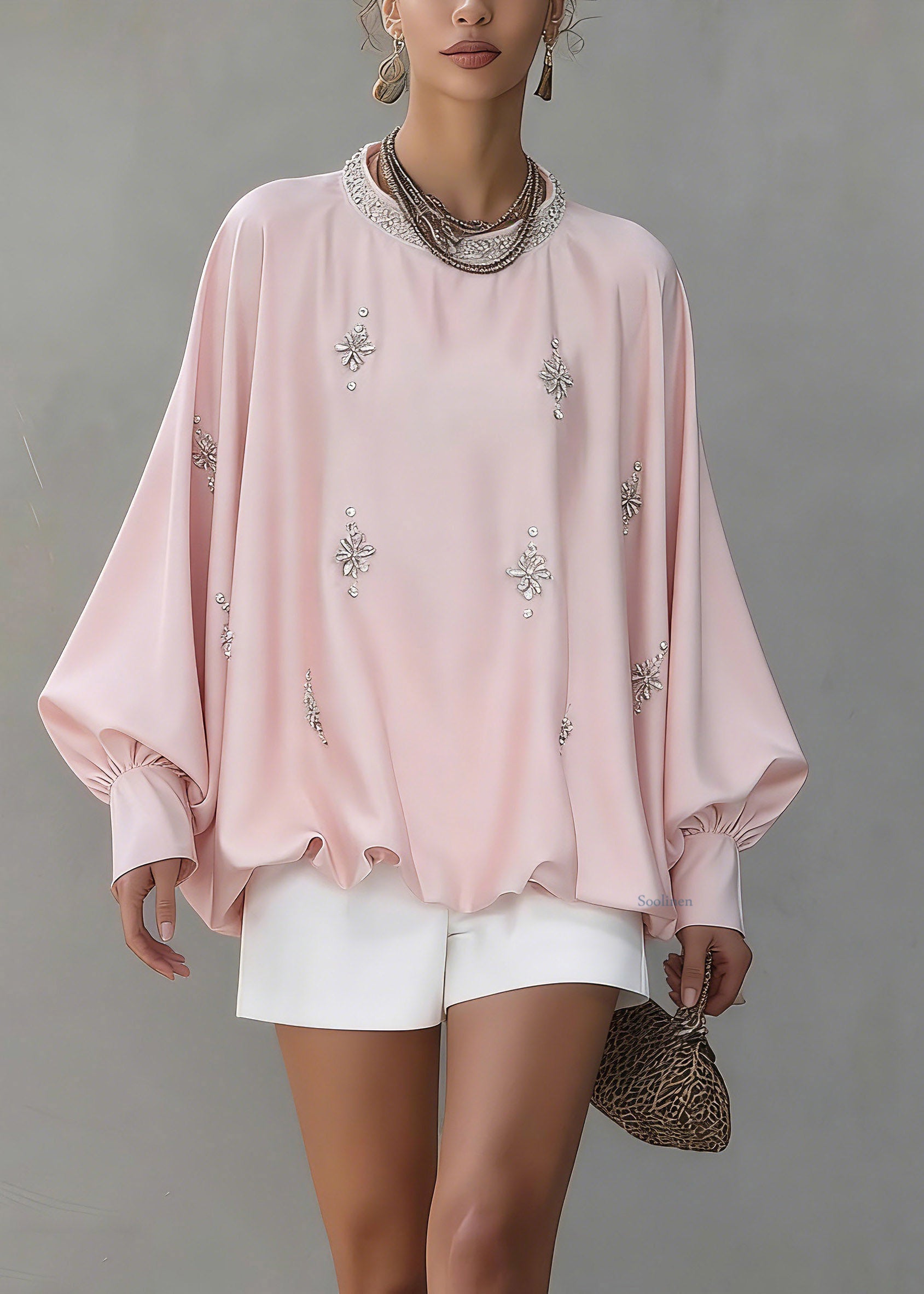 Cute Pink O-Neck Zircon Silk Shirt Spring
