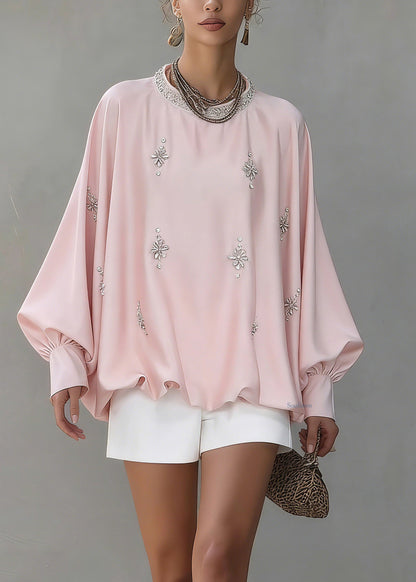 Cute Pink O-Neck Zircon Silk Shirt Spring