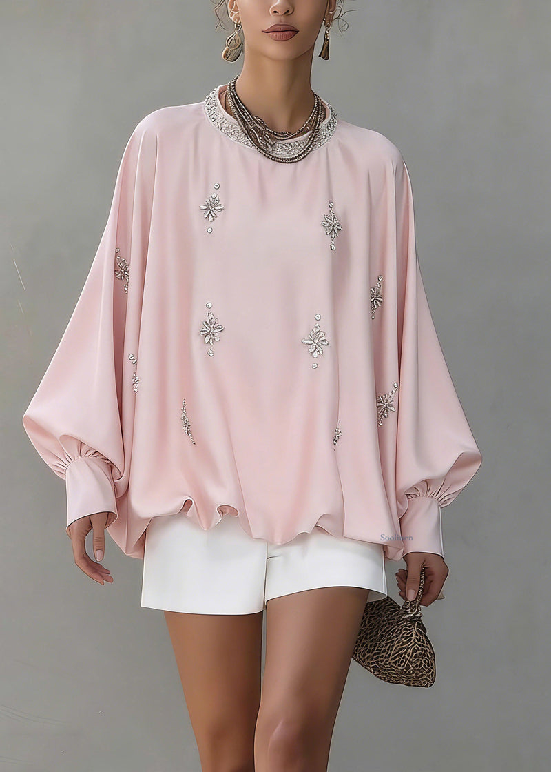 Pink O-neck Zircon Silk Shirt Spring