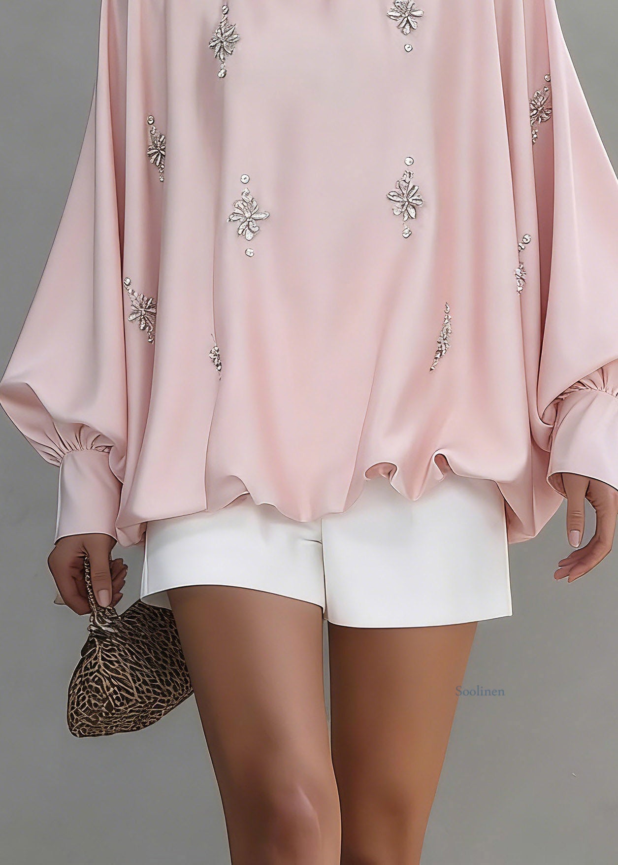 Cute Pink O-Neck Zircon Silk Shirt Spring