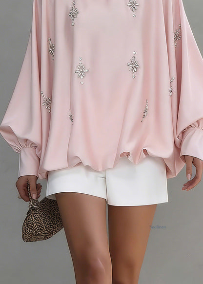 Cute Pink O-Neck Zircon Silk Shirt Spring