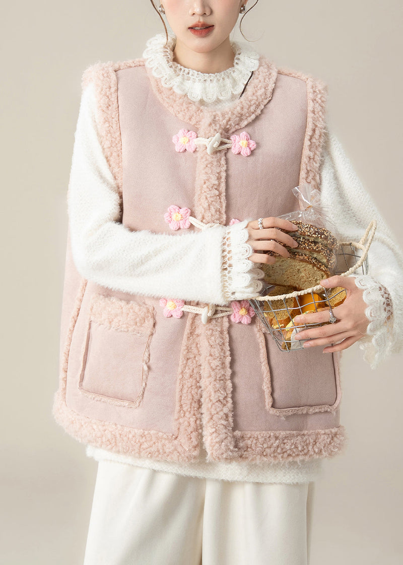 Pink Oversized Patchwork Flower Teddy Vest Jacket Winter