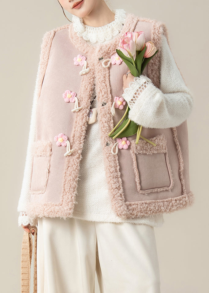 Pink Oversized Patchwork Flower Teddy Vest Jacket Winter