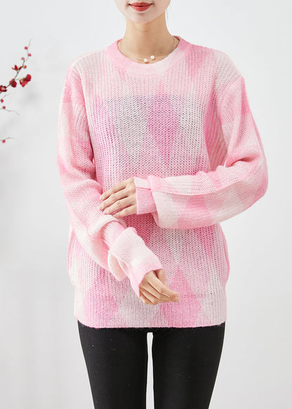 Pink Oversized Plaid Knit Sweaters Fall