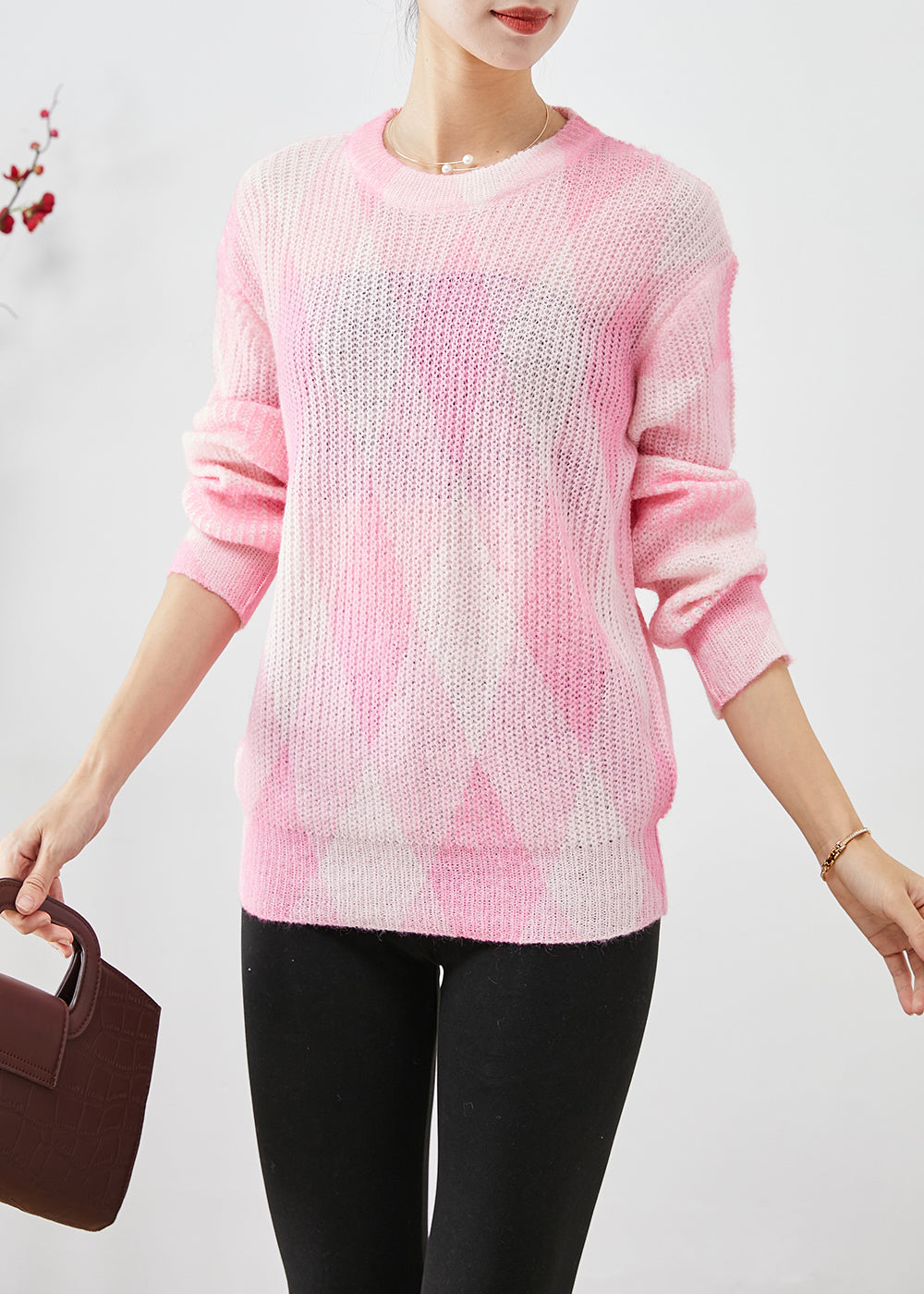 Pink Oversized Plaid Knit Sweaters Fall