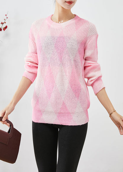 Pink Oversized Plaid Knit Sweaters Fall