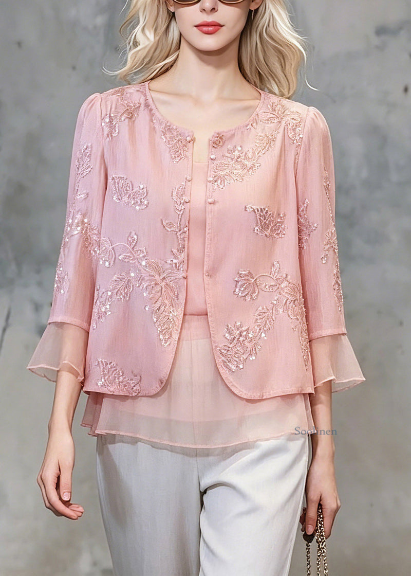Pink Patchwork Button Fake Two-piece Chiffon Shirt Three Quarter Sleeve