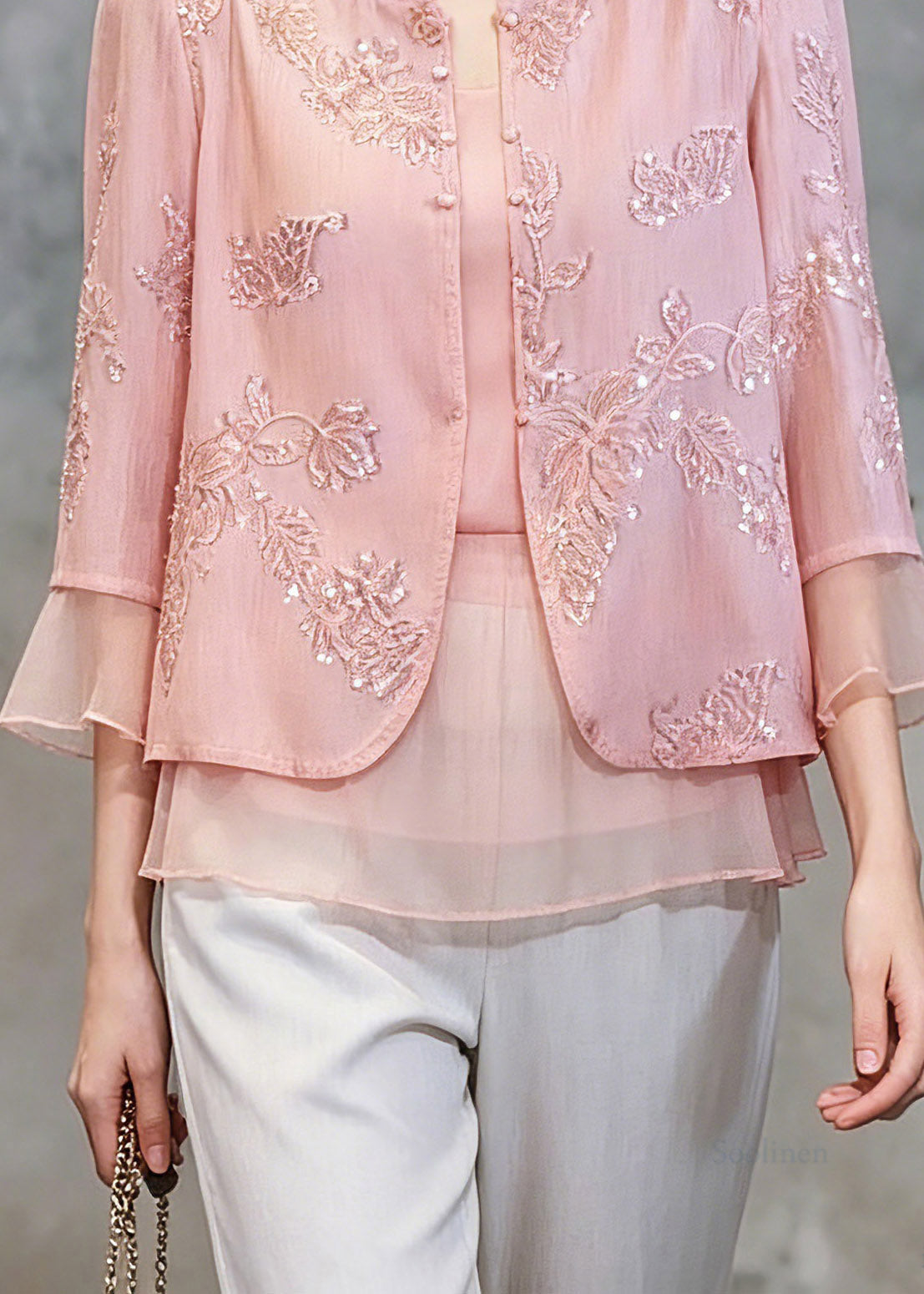Cute Pink Patchwork Button Fake Two-Piece Chiffon Shirt Three Quarter Sleeve