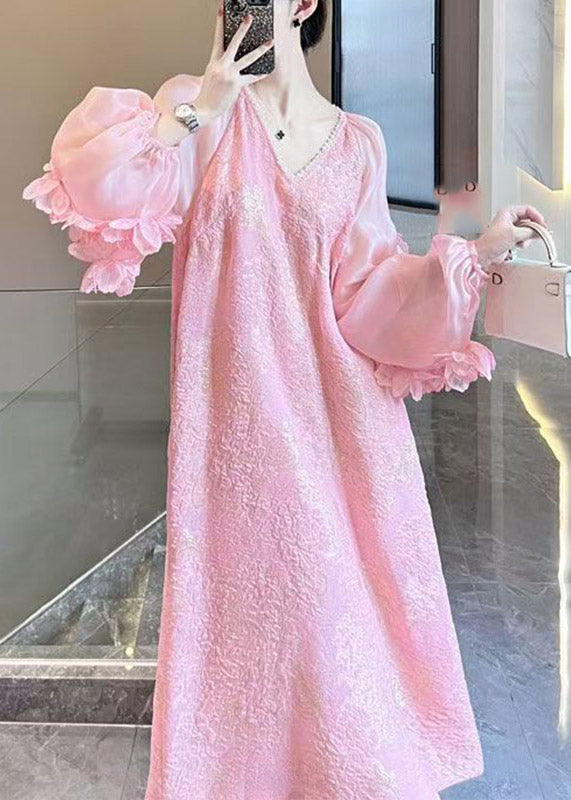 Pink Patchwork Long Dress V Neck Spring