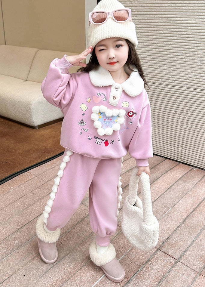 Pink Patchwork Warm Fleece Top and Lantern Pants Two Piece Set Winter