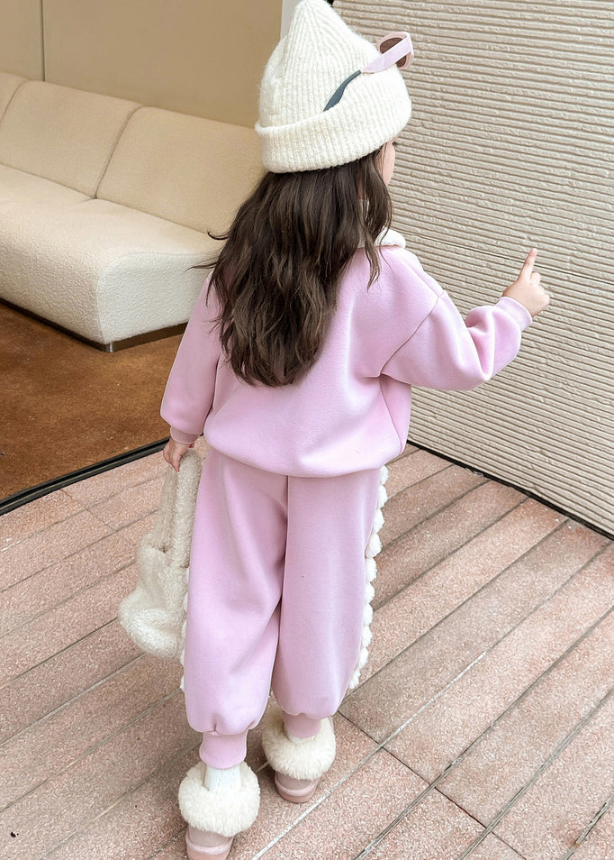 Pink Patchwork Warm Fleece Top and Lantern Pants Two Piece Set Winter
