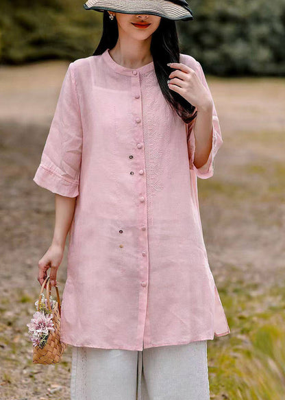 Pink Patchwork Side Open Long Linen Top Summer