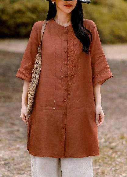 Pink Patchwork Side Open Long Linen Top Summer