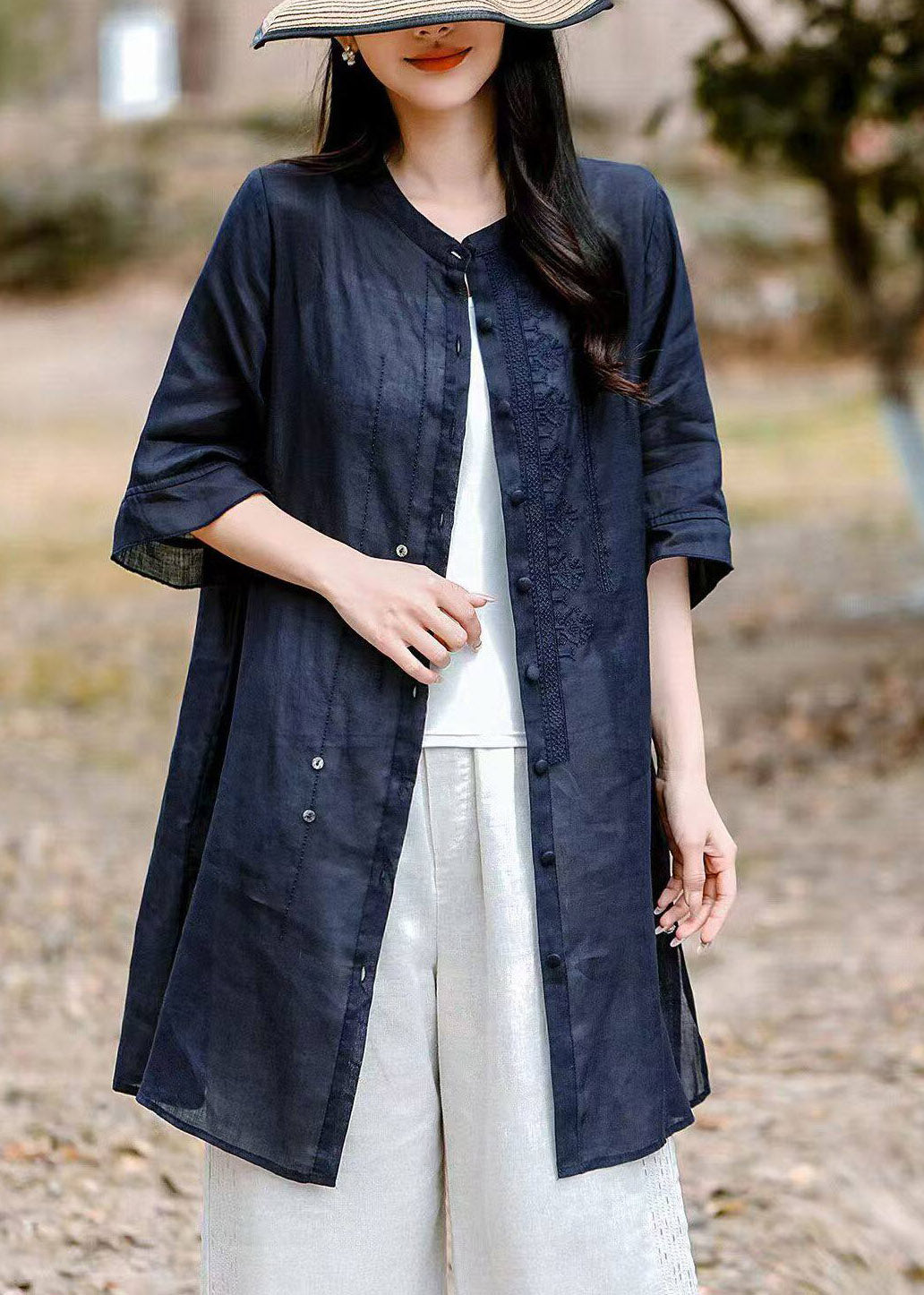 Pink Patchwork Side Open Long Linen Top Summer