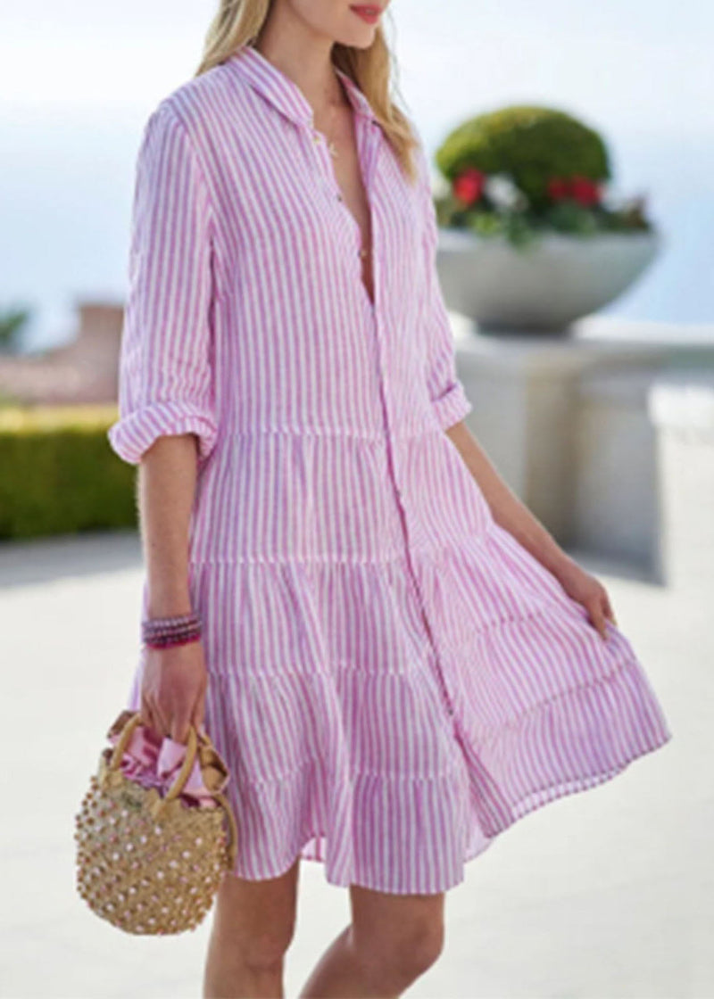 Pink Peter Pan Collar Button Mid Dress Half Sleeve