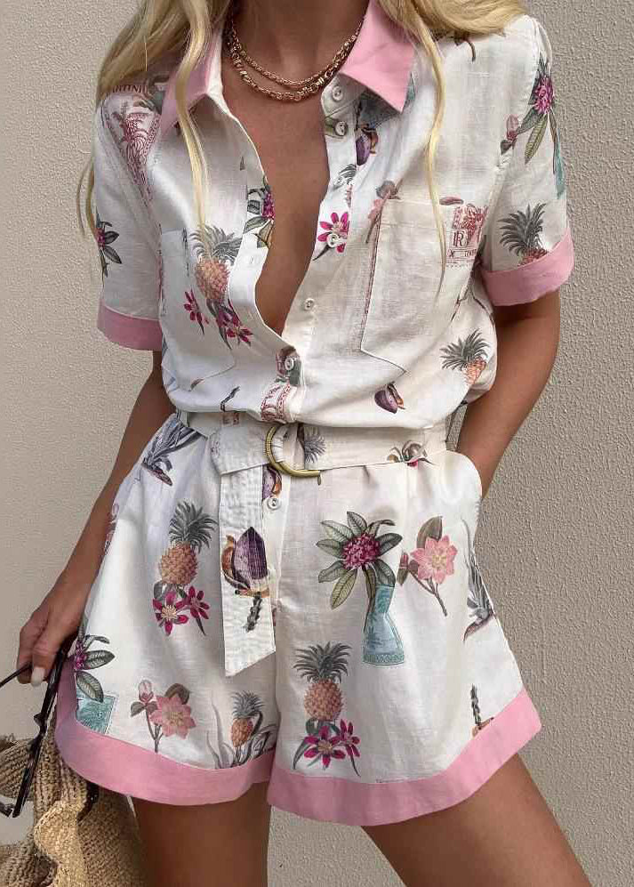 Pink Peter Pan Collar Button Shirts and Shorts Two Pieces Set Summer