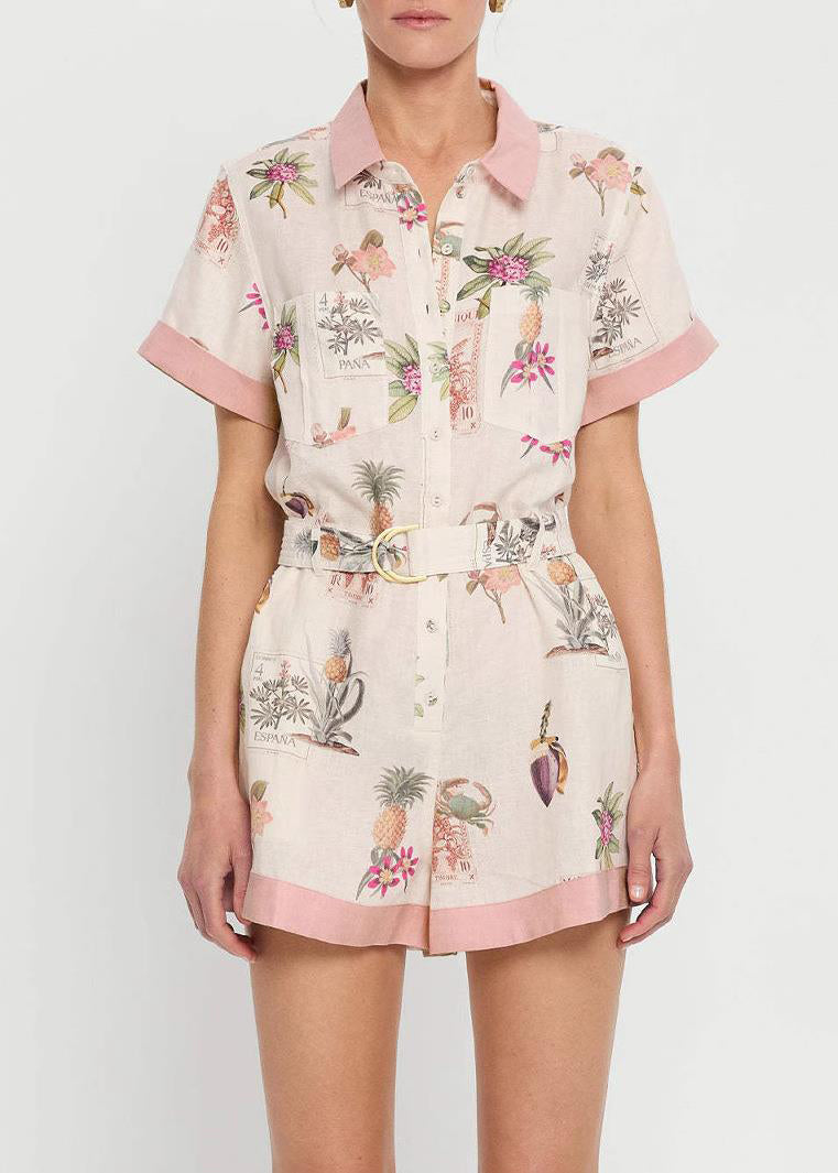 Pink Peter Pan Collar Button Shirts and Shorts Two Pieces Set Summer