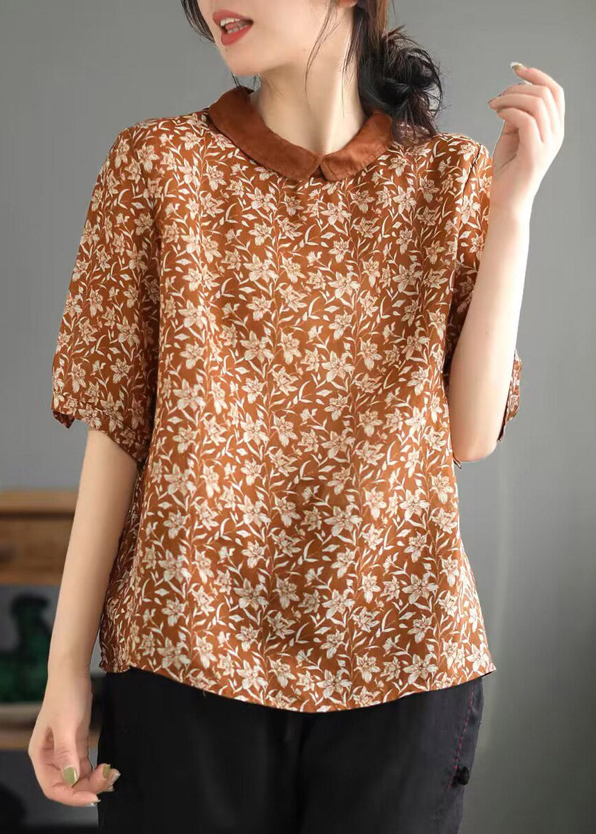 Pink Peter Pan Collar Dot Print Linen Tops Summer
