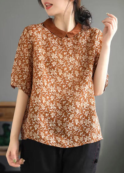 Pink Peter Pan Collar Dot Print Linen Tops Summer
