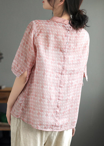 Pink Peter Pan Collar Dot Print Linen Tops Summer