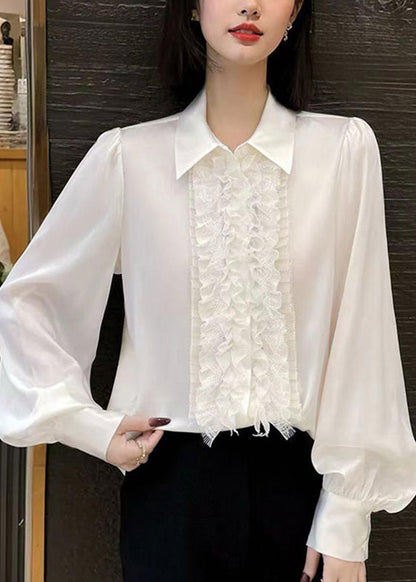 Cute Pink Peter Pan Collar Floral Silk Shirt Lantern Sleeve