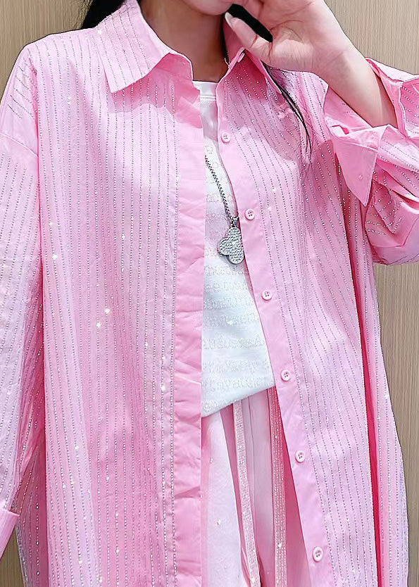 Pink Peter Pan Collar Striped Button Ice Silk Shirt Long Sleeve