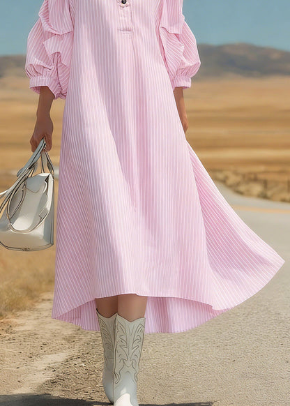 Pink Peter Pan Collar Striped Long Dress Three Quarter Sleeve