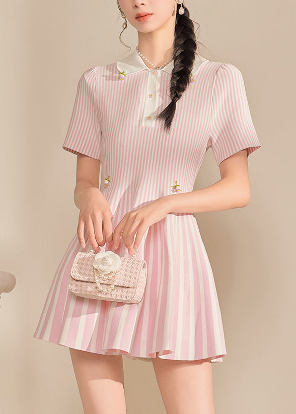 Pink Peter Pan Collar Striped Mid Dress Summer