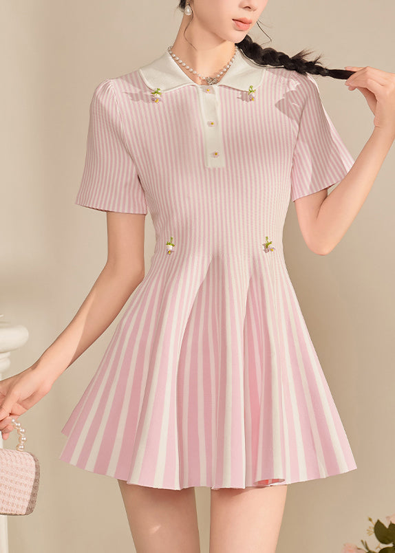 Pink Peter Pan Collar Striped Mid Dress Summer