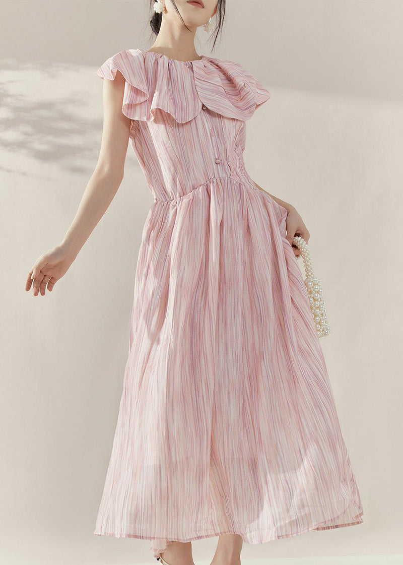 Pink Peter Pan Collar Tie Waist Maxi Dress Short Sleeve