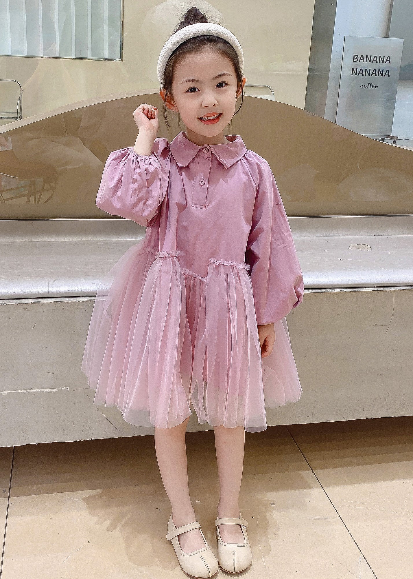 Pink Peter Pan Collar Tulle Patchwork Cotton Kids Dress Fall
