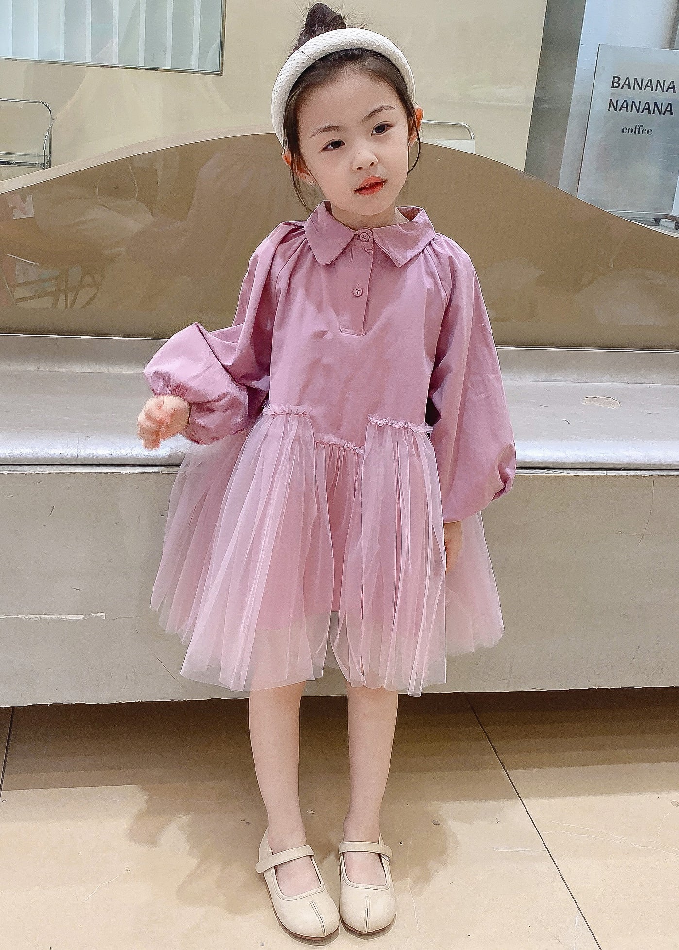 Pink Peter Pan Collar Tulle Patchwork Cotton Kids Dress Fall