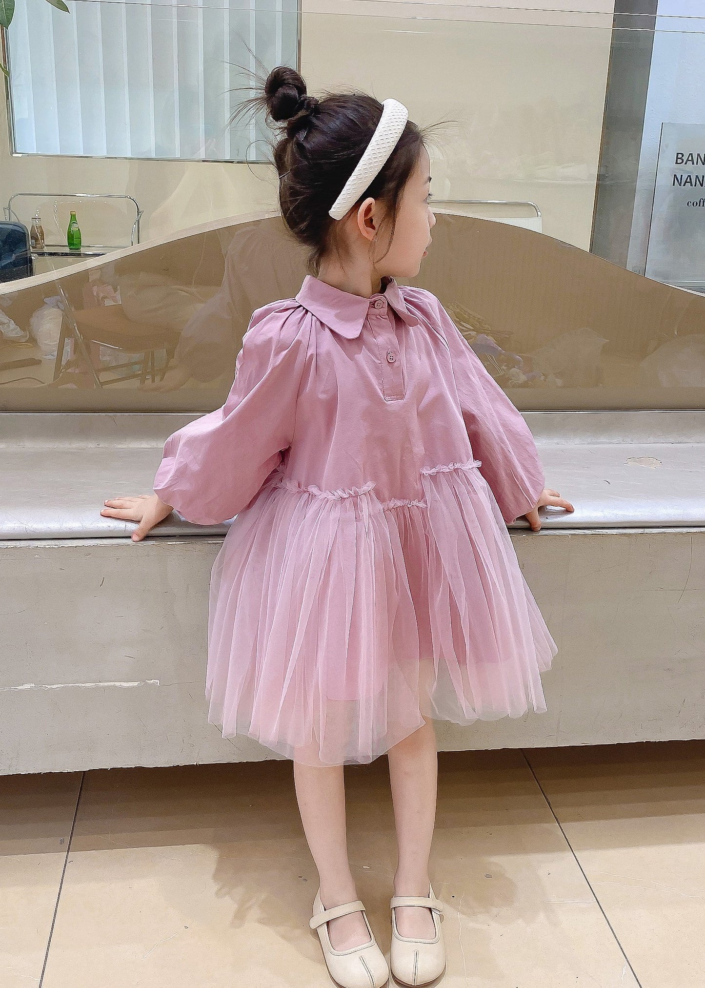 Pink Peter Pan Collar Tulle Patchwork Cotton Kids Dress Fall