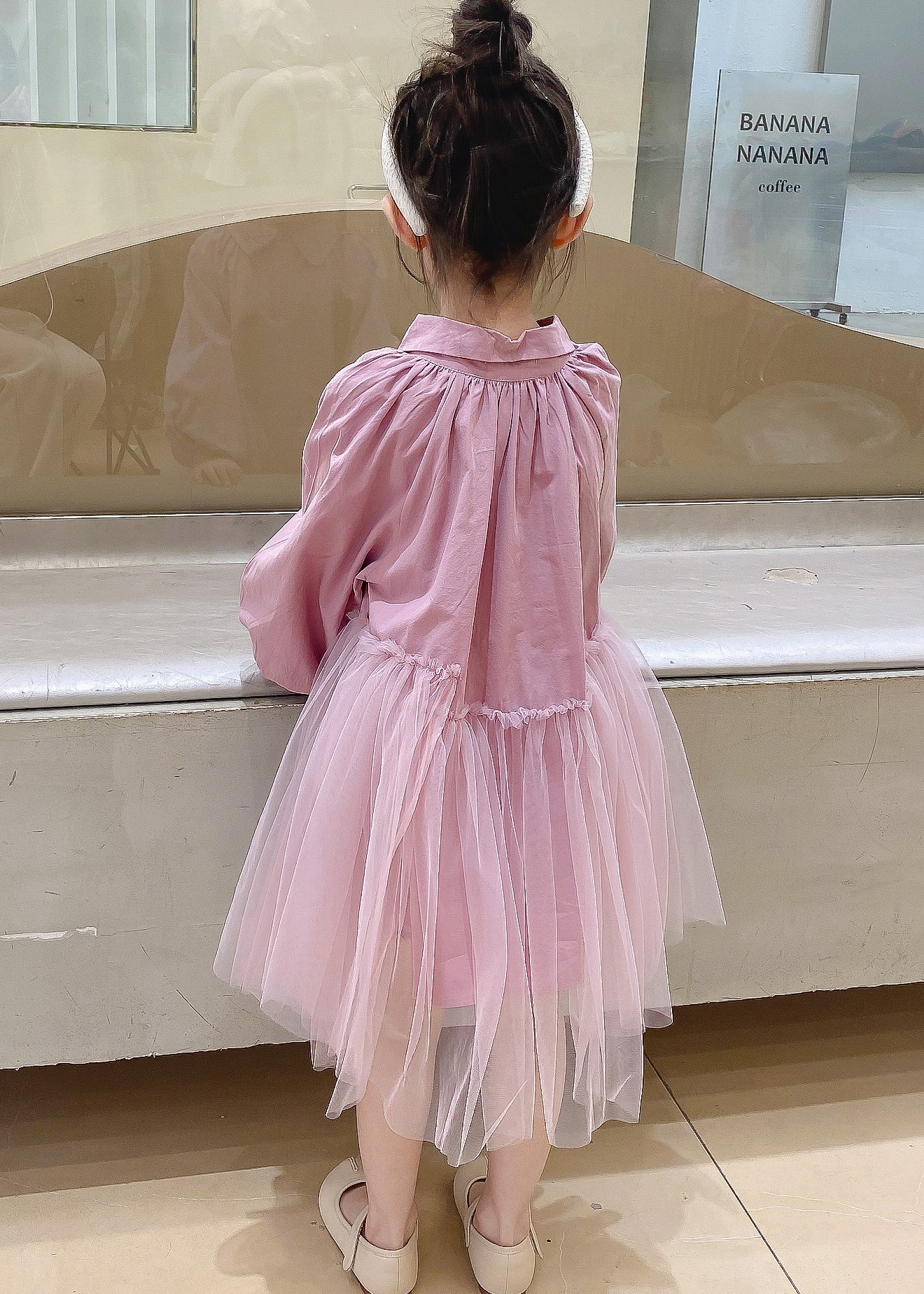 Pink Peter Pan Collar Tulle Patchwork Cotton Kids Dress Fall