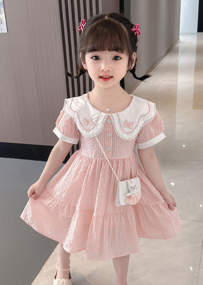 Pink Peter Pan Collar Wrinkled Patchwork Cotton Baby Dress Summer