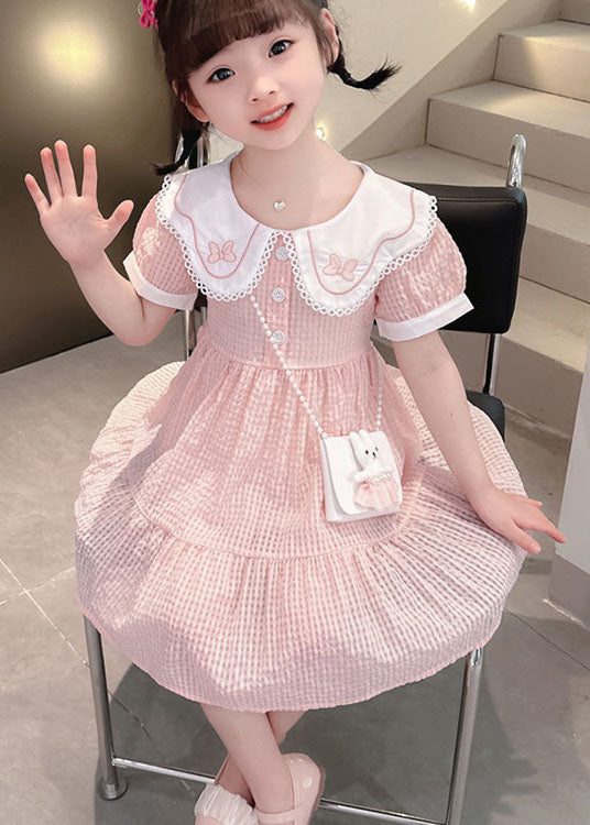 Pink Peter Pan Collar Wrinkled Patchwork Cotton Baby Dress Summer