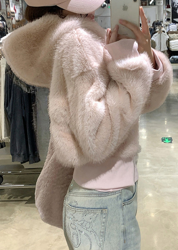 Pink Pockets Patchwork Fuzzy Fur Fluffy Hooded Parka Coats Winter